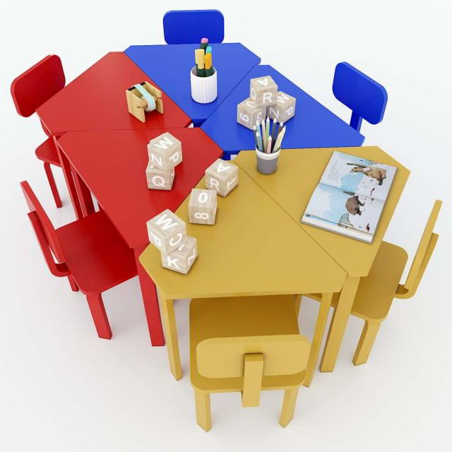 Module Bàn ghế mầm non lục giác cụm 6 gỗ cao su KGD004