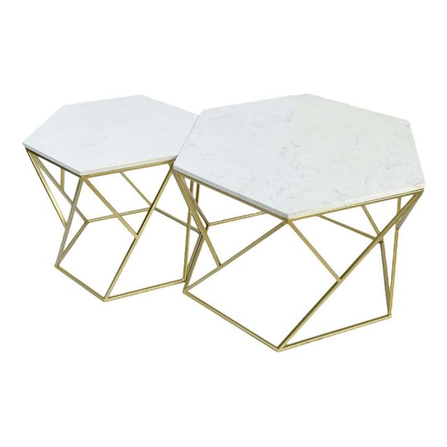 Bàn sofa đôi 70x70cm mặt đá trắng khung vàng đồng TT68122 Bàn sofa đôi 70x70cm mặt đá trắng khung vàng đồng TT68122