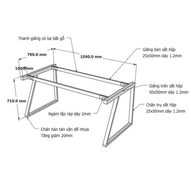 Kích thước chân bàn sắt lắp ráp
