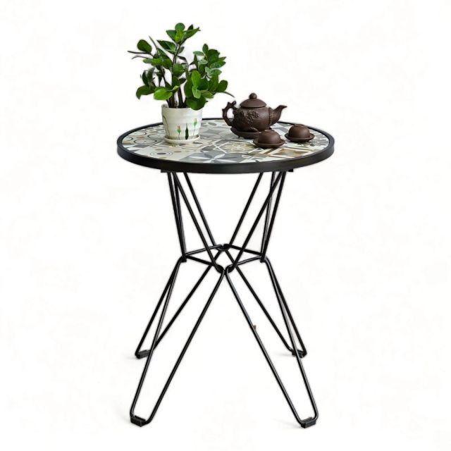 Bàn cafe tròn mặt bàn gạch men chân sắt láp CFD68086 Bàn cafe tròn mặt bàn gạch men chân sắt láp CFD68086