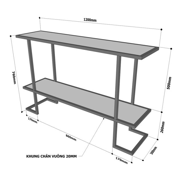 Bàn console, bàn trang trí 2 tầng gỗ cao su khung sắt CST016