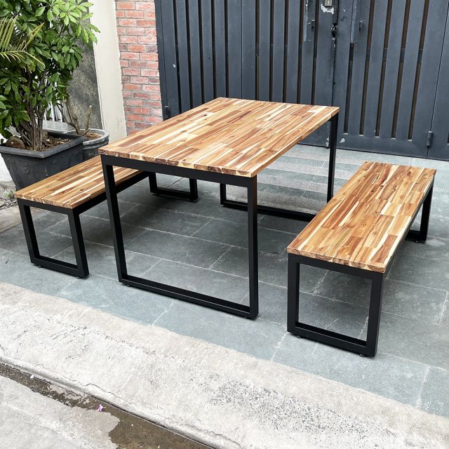 Bộ bàn ăn gỗ tràm 120x80cm và 2 ghế băng dài CBBA039