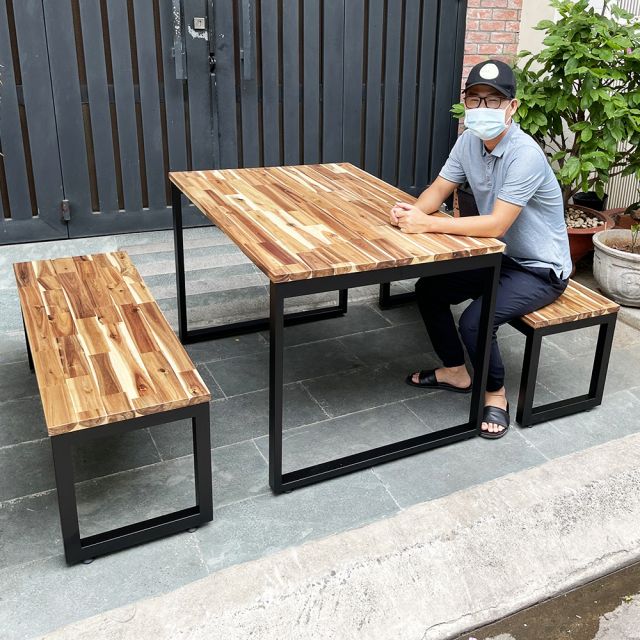 Bộ bàn ăn gỗ tràm 120x80cm và 2 ghế băng dài CBBA039