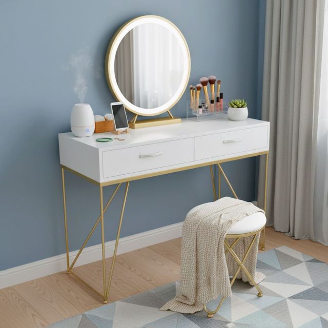 Bộ bàn ghế trang điểm khung vàng đồng BTD68053
