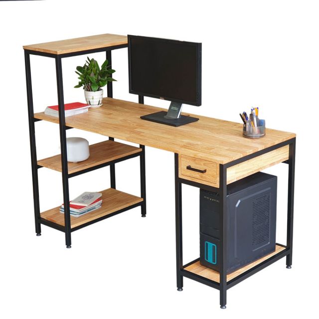 Bàn vi tính có ngăn kéo kết hợp kệ gỗ cao su khung sắt COD68049 Bàn vi tính có ngăn kéo kết hợp kệ gỗ cao su khung sắt COD68049
