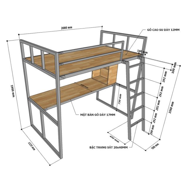 Giường tầng kết hợp bàn học gỗ cao su khung sắt GT008