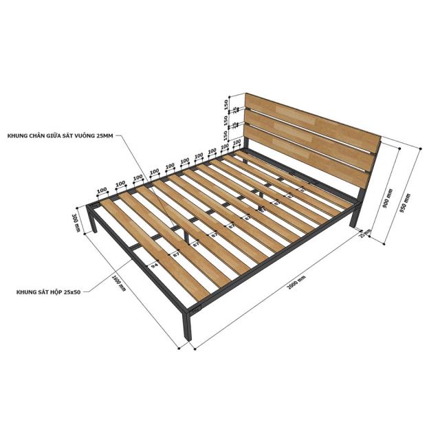 Giường ngủ đôi 160x200 gỗ cao su chân sắt GN68032