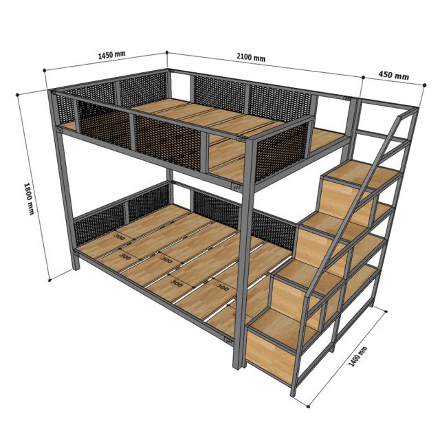 Giường tầng kết hợp kệ trang trí gỗ cao su khung sắt GT010