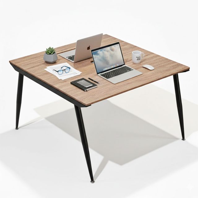 Bàn cụm 2 người 120x120cm gỗ Plywood vân sồi chân sắt hệ CONE HBCO026 Bàn cụm 2 người 120x120cm gỗ Plywood vân sồi chân sắt hệ CONE HBCO026