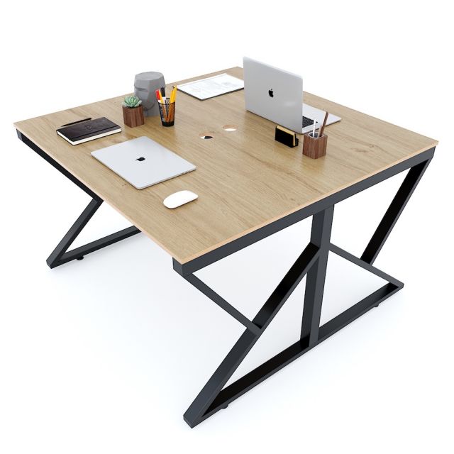 Bàn cụm 2 người 120x120cm gỗ Plywood vân sồi chân sắt hệ Kconcept HBKC035 Bàn cụm 2 người 120x120cm gỗ Plywood vân sồi chân sắt hệ Kconcept HBKC035