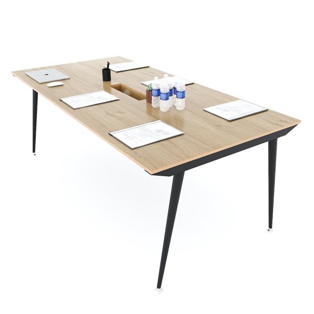 Bàn họp 200x100cm gỗ Plywood vân sồi chân sắt hệ CONE HBCO029 Bàn họp 200x100cm gỗ Plywood vân sồi chân sắt hệ CONE HBCO029