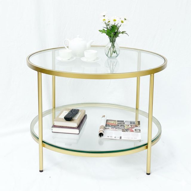 Bàn sofa tròn 2 tầng mặt kính khung vàng đồng TT68161