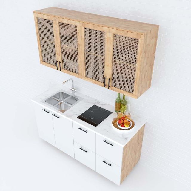 bộ tủ bếp mini gỗ cao su tự nhiên