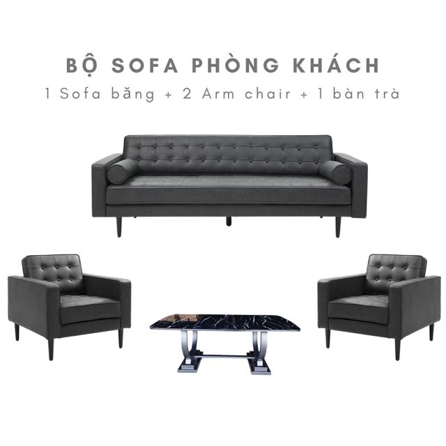 Bộ bàn ghế sofa simili màu đen và bàn sofa mặt đá CBSF68008 Bộ bàn ghế sofa simili màu đen và bàn sofa mặt đá CBSF68008