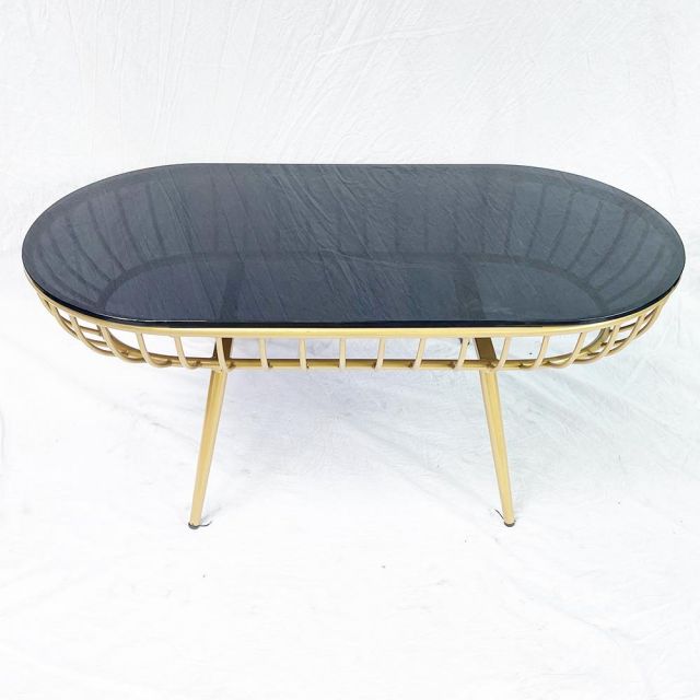 Bàn sofa oval mặt kính khung tròn màu vàng đồng