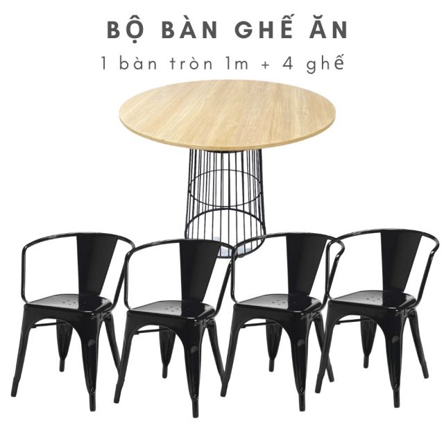 Bộ bàn ăn tròn 80cm mặt gỗ Plywood và 4 ghế sắt tolix có tay CBBA049 Bộ bàn ăn tròn 80cm mặt gỗ Plywood và 4 ghế sắt tolix có tay CBBA049