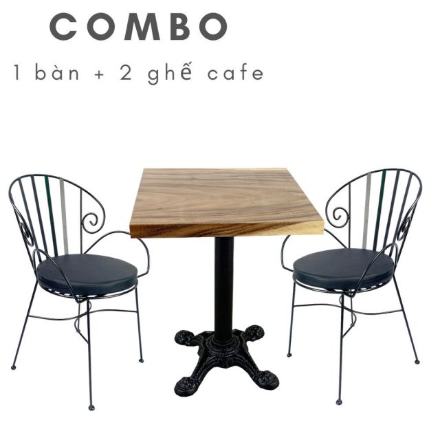 Bộ bàn gỗ me tây dày 5cm và 2 ghế sắt có đệm CBCF109