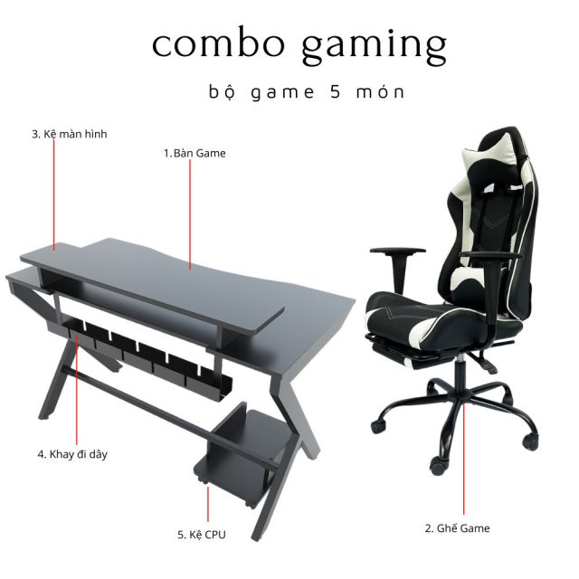 Bộ Bàn Ghế Gaming Trắng Đen Có Phụ Kiện Kèm Theo CBG68013