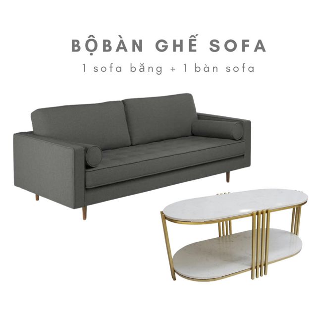 Bộ bàn sofa 2 tầng mặt đá và ghế sofa băng bọc vải xám CBSF68012 Bộ bàn sofa 2 tầng mặt đá và ghế sofa băng bọc vải xám CBSF68012