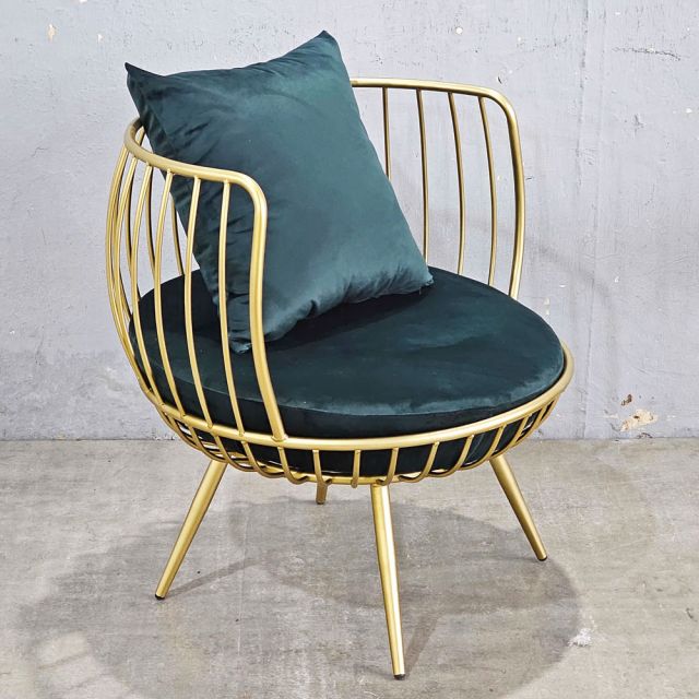 Ghế sofa đơn, ghế thư giãn nệm xanh khung tròn vàng đồng GSD68046