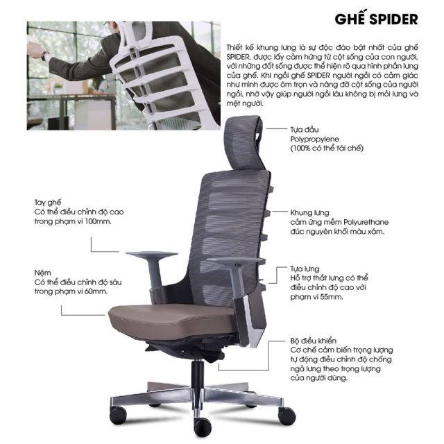 Ghế văn phòng cao cấp có tựa đầu Spider-01 HOGVP046
