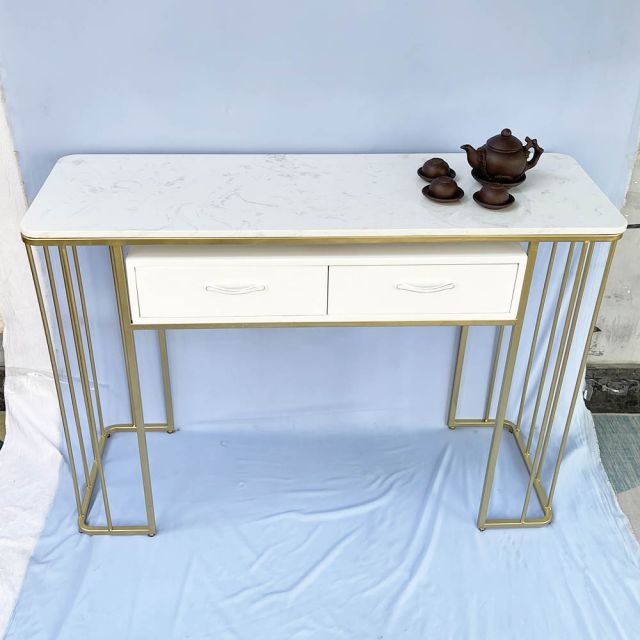 Bàn console, bàn trang trí mặt đá trắng khung sơn vàng CST019