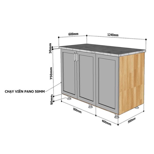 Tủ bếp dưới 1m2 gỗ cao su cửa chạy viền TBD68006