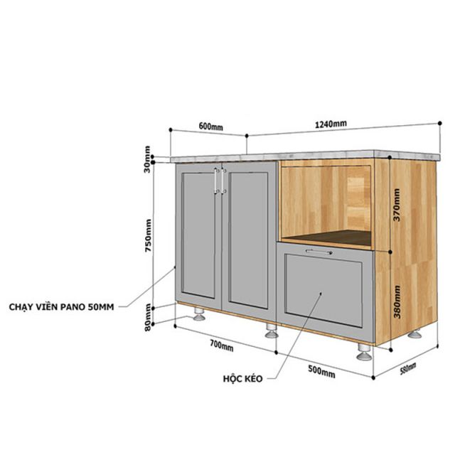 Tủ bếp dưới 1m2 gỗ cao su cửa chạy viền TBD68009