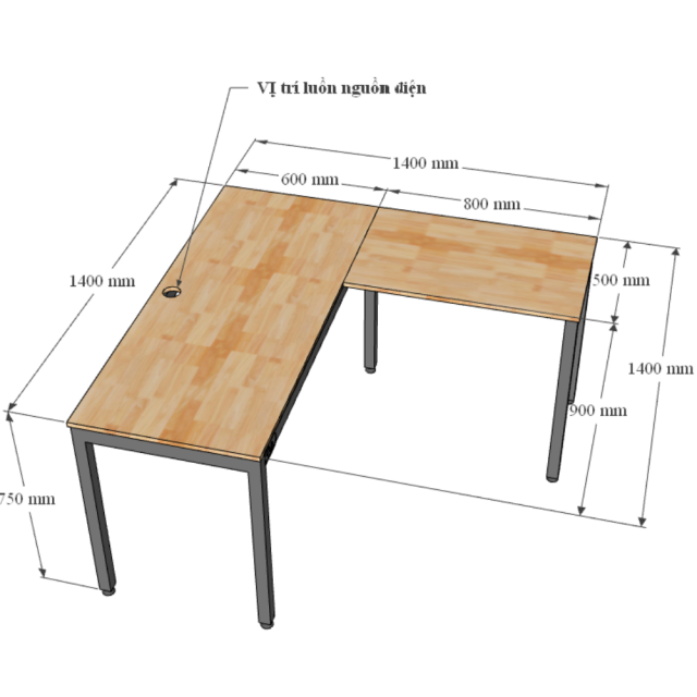 Chi tiết kích thước bàn làm việc chữ L 140x140cm