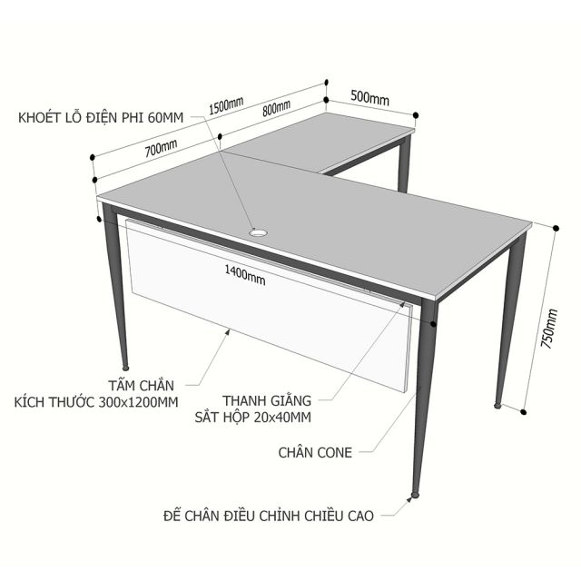 Kích thước bàn làm việc chữ L 140x150cm hệ CONE II