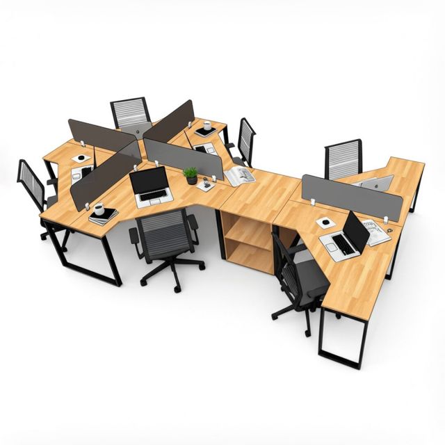 Module bàn cụm 6 kết hợp kệ gỗ cao su chân sắt lắp ráp HBLG036