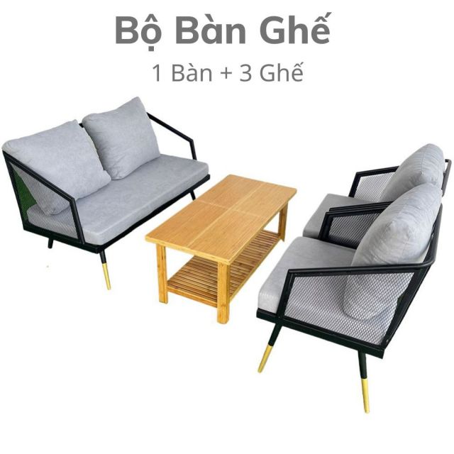 Bộ bàn ghế sofa nệm vải xám và bàn gỗ tre CBSF68020 Bộ bàn ghế sofa nệm vải xám và bàn gỗ tre CBSF68020