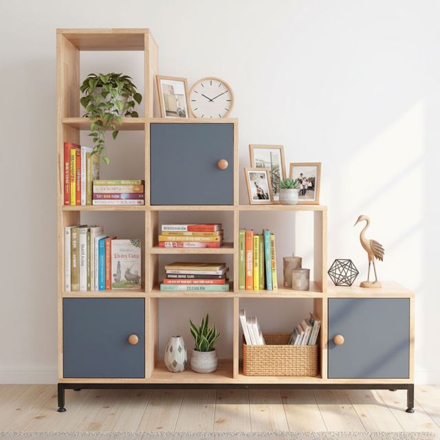 Kệ sách kệ trang trí gỗ cao su chân sắt KS68161