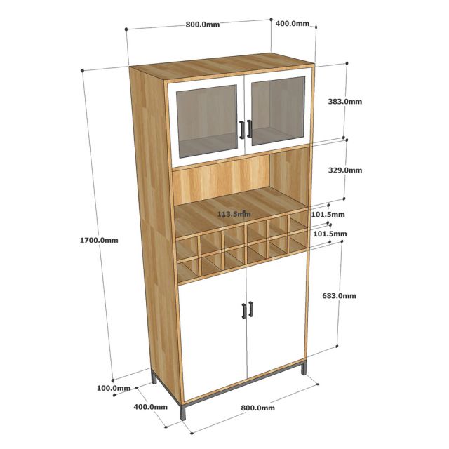 Tủ phòng ăn kết hợp tủ rượu gỗ cao su chân sắt TPA011