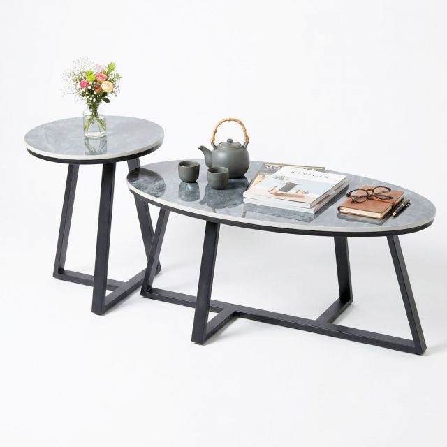 Bàn sofa đôi hình Elip mặt đá chân sắt TT68212