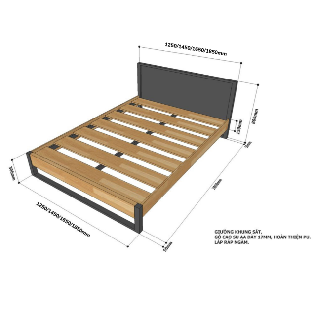 Giường ngủ Mony gỗ cao su khung sắt lắp ráp GN68028