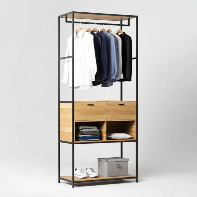 Kệ quần áo có hộc tủ gỗ cao su khung sắt KQA68057