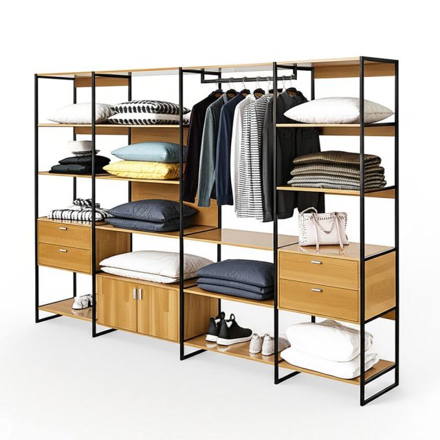 Hệ tủ kệ quần áo gỗ cao su khung sắt TQA68043
