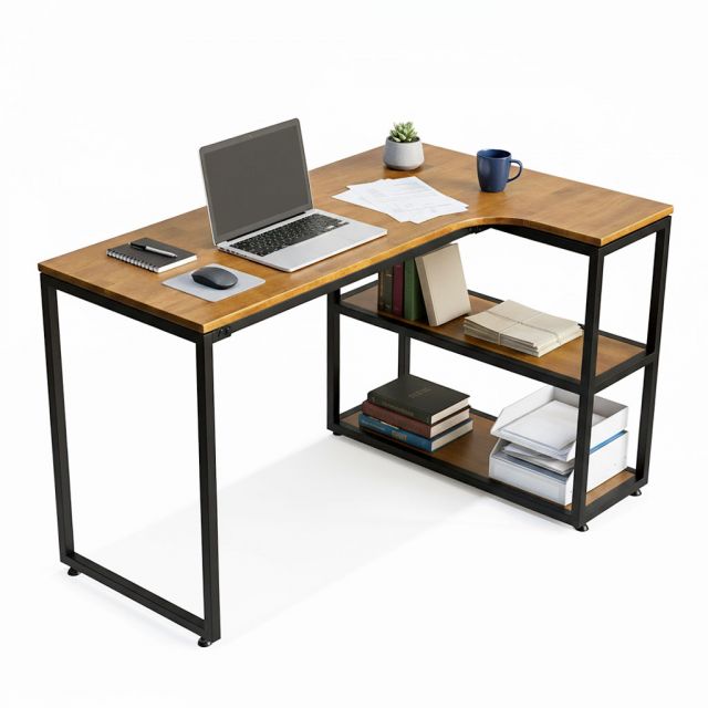 Bàn góc L liền kệ 120x100cm gỗ cao su CD68019