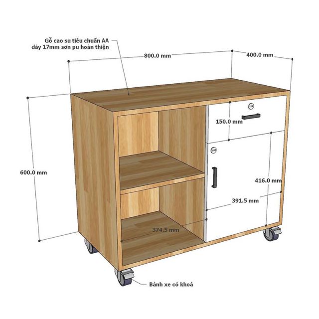 Tủ cá nhân di động có ngăn kéo gỗ tự nhiên TCN68031