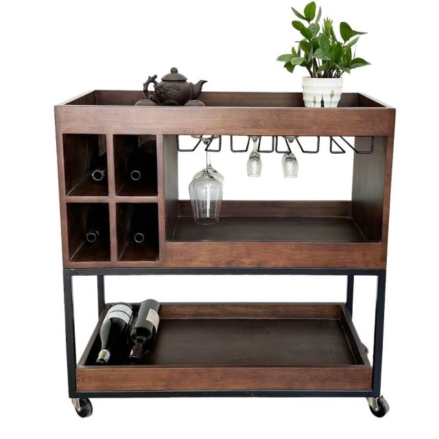 Kệ Rượu đi động gỗ tự nhiên kết hợp khung sắt KR68002 Kệ Rượu đi động gỗ tự nhiên kết hợp khung sắt KR68002