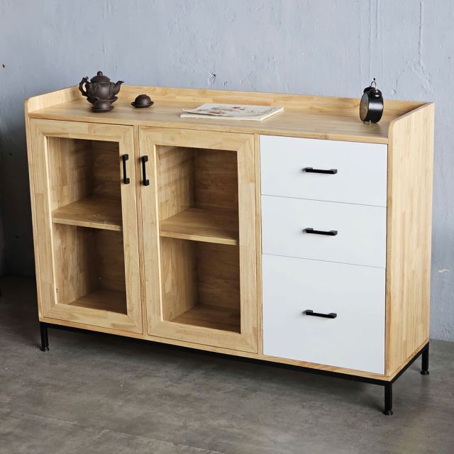 Tủ trang trí cửa kính gỗ cao su chân sắt KTB68123