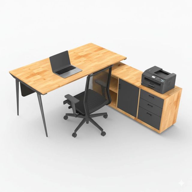 Bàn giám đốc gỗ tự nhiên một chân gác tủ HBCO052