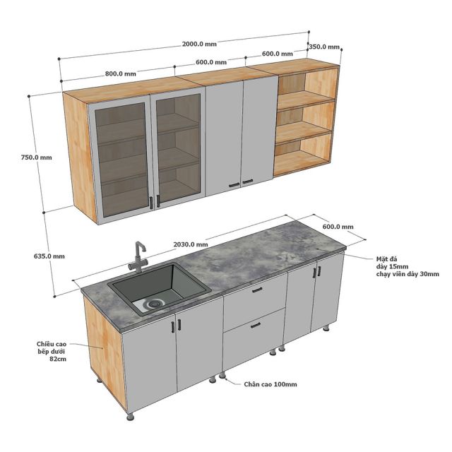 Module tủ bếp 2m gỗ tự nhiên chống ẩm BTB68016