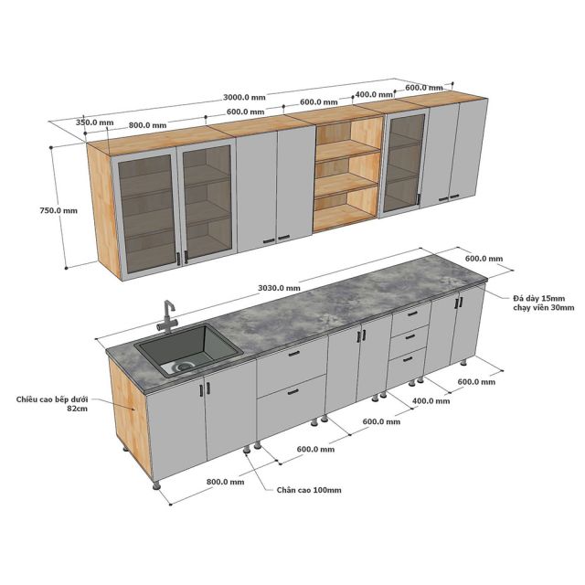 Module tủ bếp 3m gỗ tự nhiên chống ẩm BTB68018