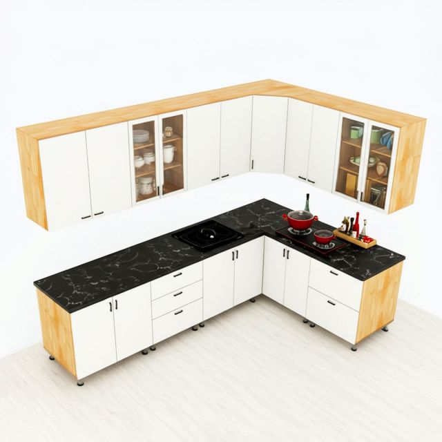 Hệ tủ bếp chữ L hiện đại gỗ tự nhiên BTB68019