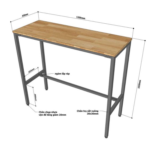 Combo bàn bar 120x45cm và 2 ghế bar gỗ khung sắtCBCF228