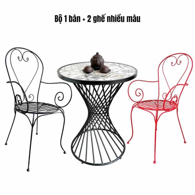 Bộ bàn tròn gạch men và 2 ghế sắt sơn tĩnh điện CBCF233