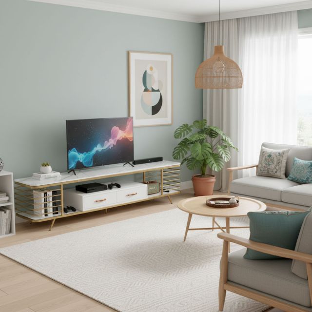 Kệ tivi mặt đá khung vàng đồng có hộc tủ KTV68101