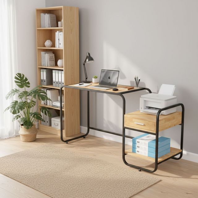 Bàn làm việc kết hợp kệ để máy in gỗ tự nhiên khung sắt BD68094